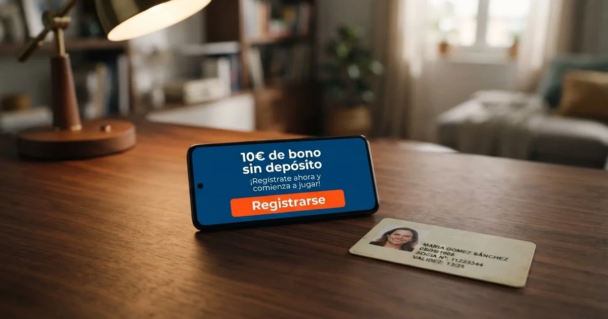 Un teléfono móvil mostrando la pantalla de registro de un casino online español con el texto «10€ de bono sin depósito» junto a un documento de identidad español sobre una mesa
