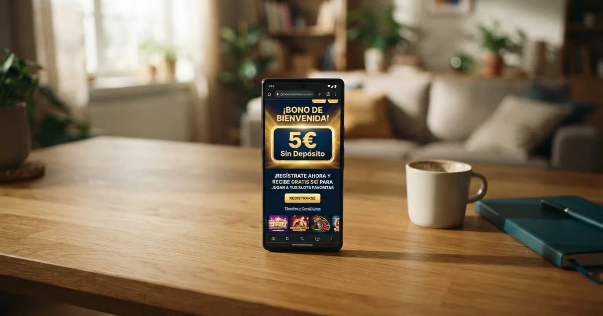 Pantalla de un casino online español con la sección de promociones abierta y una oferta de bono sin depósito de 5 euros destacada en primer plano