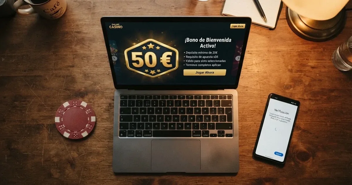 Pantalla de un casino online español mostrando una oferta de bono sin depósito de 50 euros junto a los términos y condiciones de la promoción