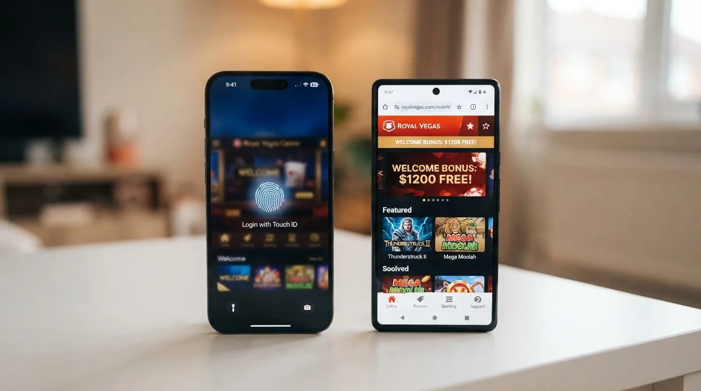Un mismo casino mostrado en paralelo: a la izquierda en una app nativa con acceso por huella, a la derecha en el navegador del móvil