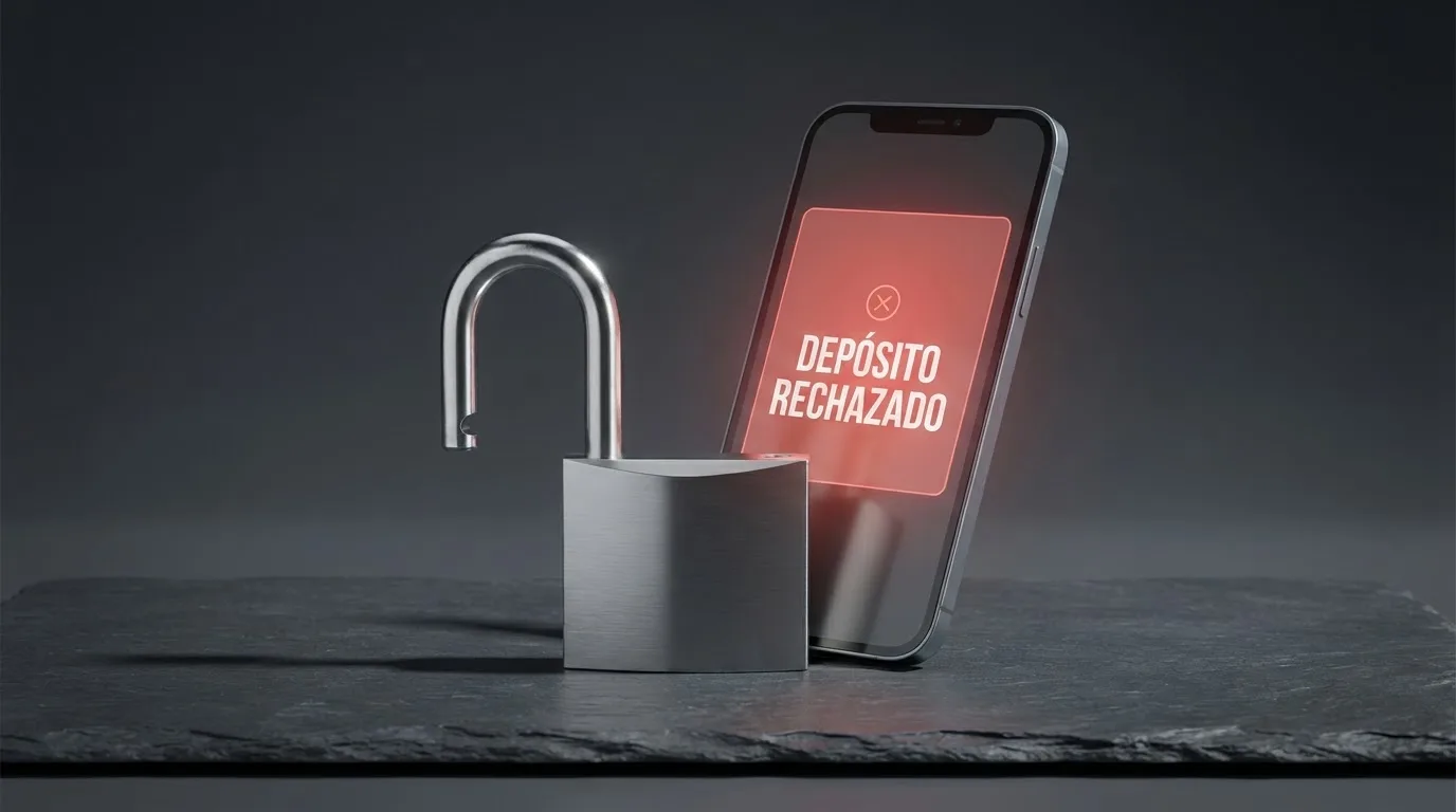 Un candado abierto sobre la pantalla de un móvil que muestra el mensaje «depósito rechazado» junto al logotipo de la DGOJ y el dominio .es.