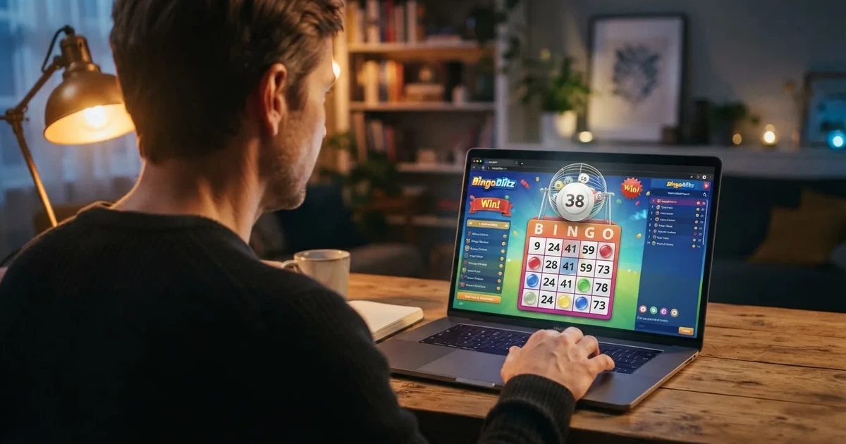 Pantalla de un juego de bingo online con cartones digitales y números cantados en una sala virtual
