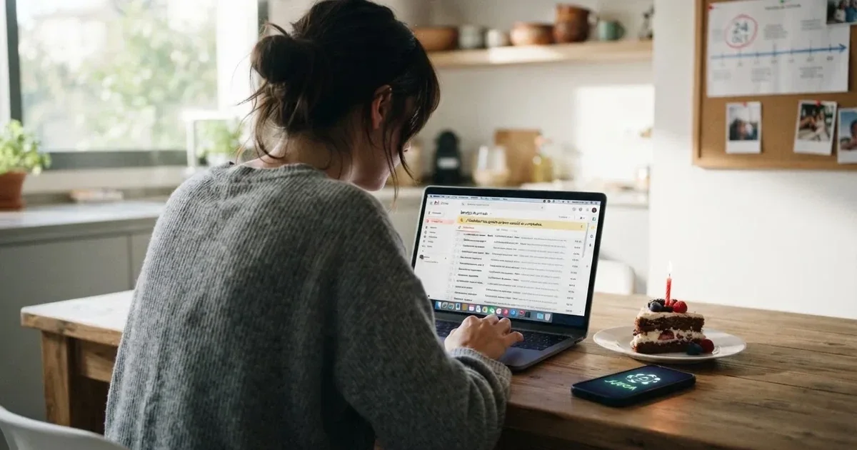 Jugador consultando su correo electrónico junto a una tarta de cumpleaños con el icono de un casino online regulado en la pantalla