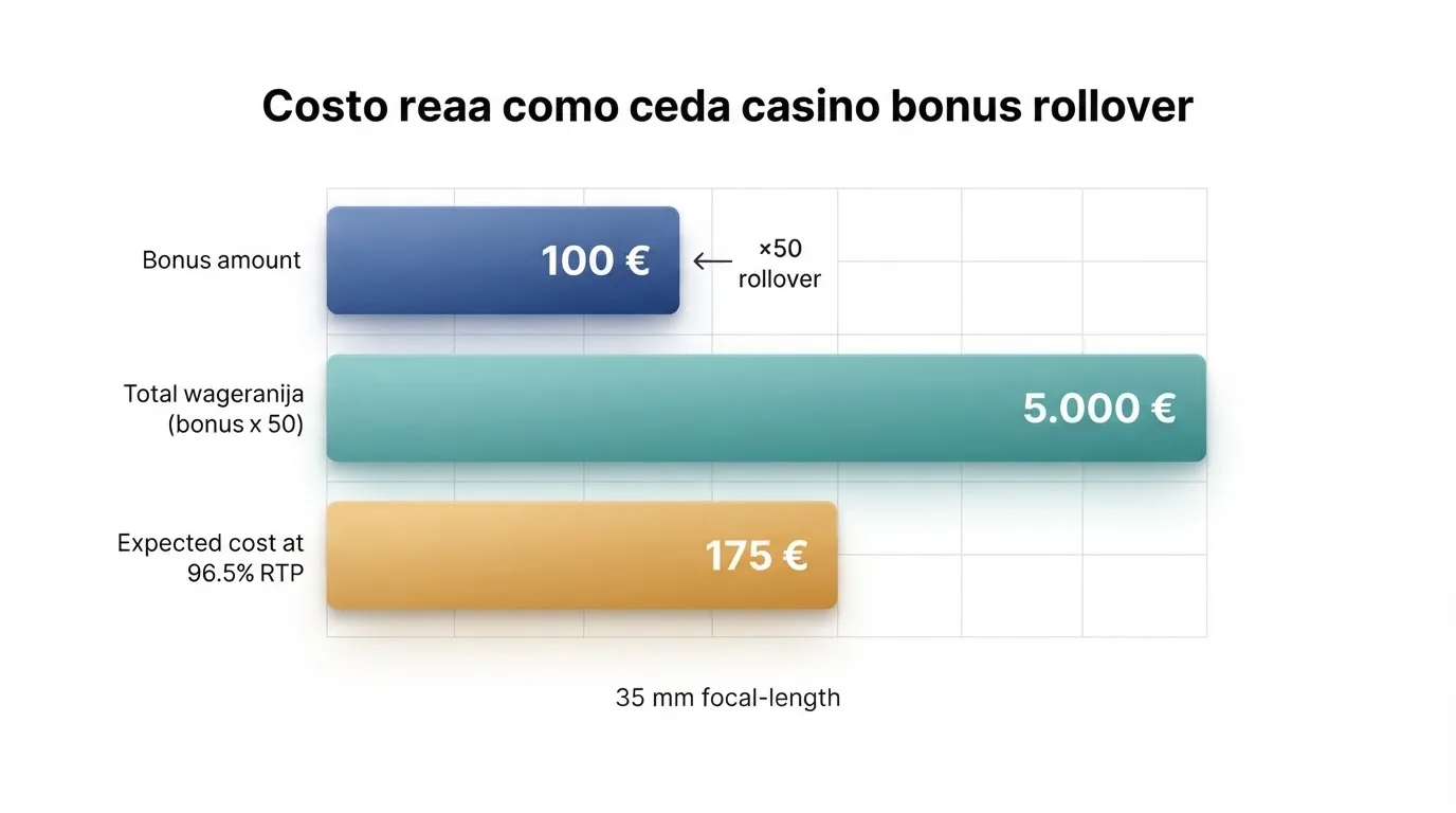 Representación visual de un cálculo de rollover: el importe del bono se multiplica por el requisito de apuesta para mostrar el volumen total de apuestas necesario para liberarlo
