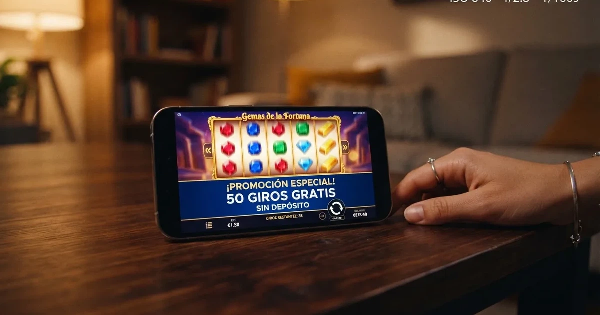 Pantalla de un casino online español con una promoción activa de tiradas gratis sobre una tragaperras, junto al texto «sin depósito»