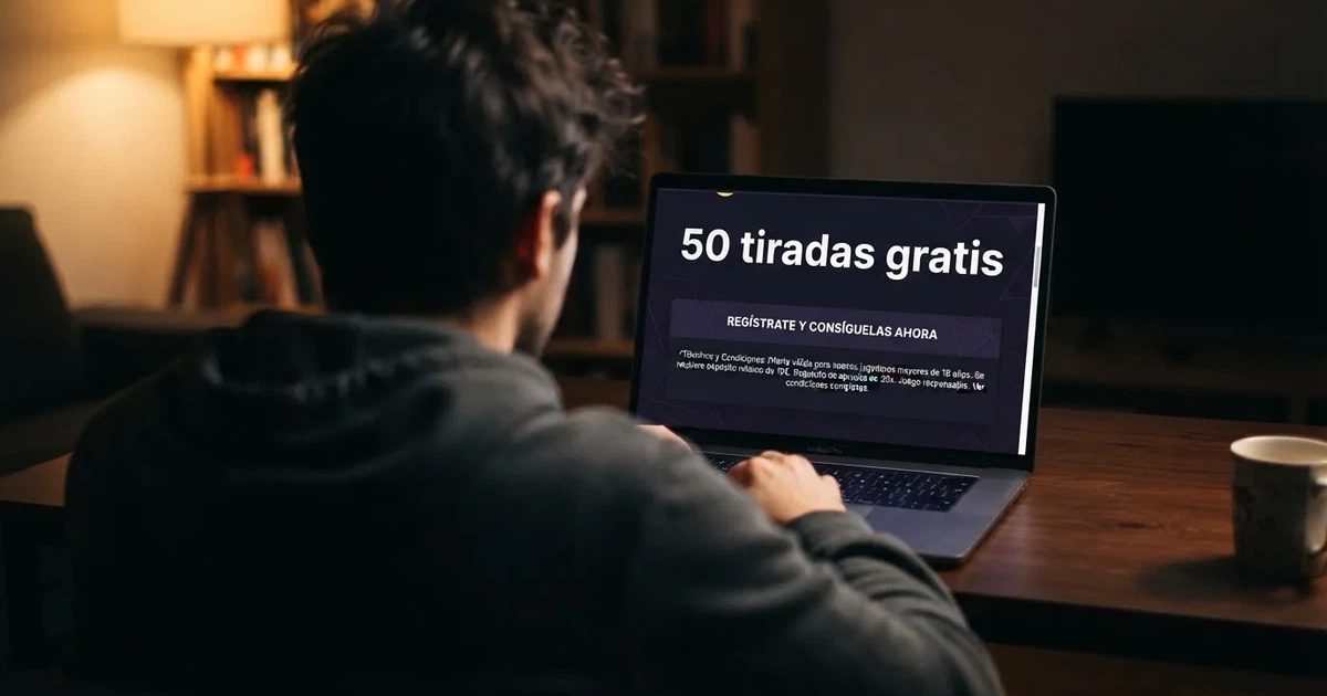 Un jugador consultando una oferta de tiradas gratis en la pantalla de un ordenador portátil, con el mensaje «50 tiradas gratis» visible en la interfaz del casino online