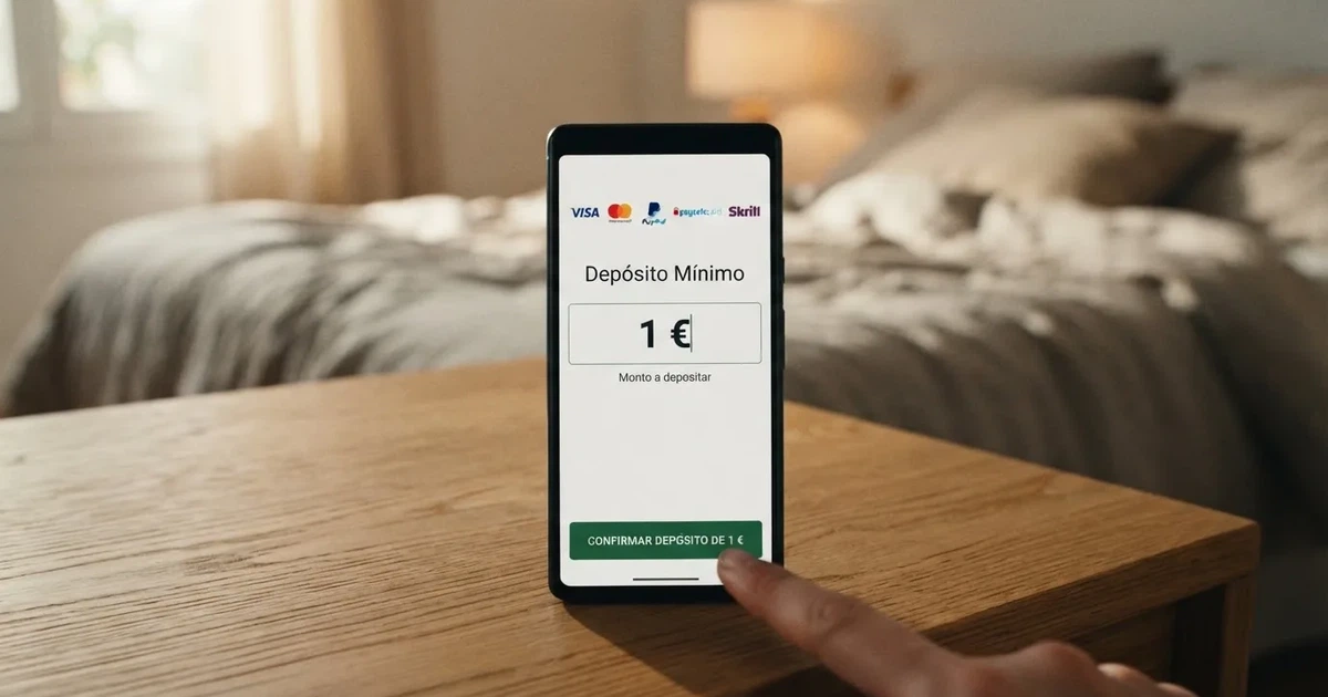 Pantalla de un casino online español mostrando la opción de depósito mínimo de 1 euro con el método Bizum