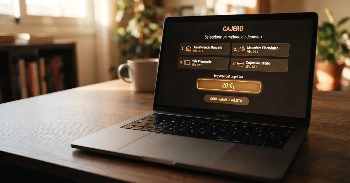 Un cajero virtual de un casino online con licencia española mostrando las opciones de depósito y la cantidad de 20 euros seleccionada en pantalla