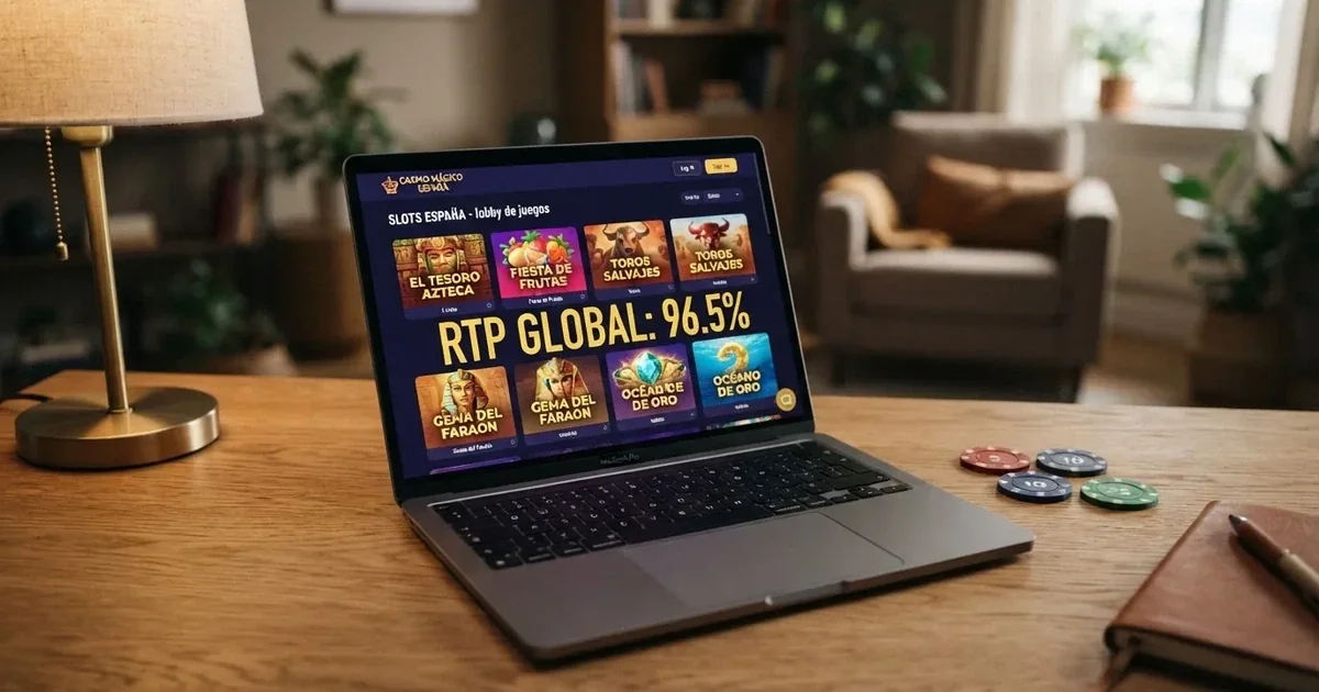 Interfaz de un casino online con licencia DGOJ mostrando el vestíbulo de tragaperras con fichas de juego donde se lee el porcentaje de RTP