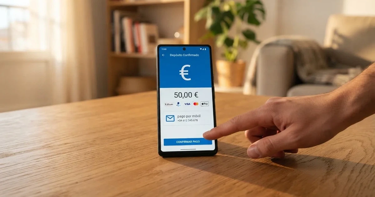Un teléfono móvil mostrando una pantalla de depósito con las opciones de pago por móvil y el icono de un SMS junto a los logotipos de Movistar, Orange y Vodafone.