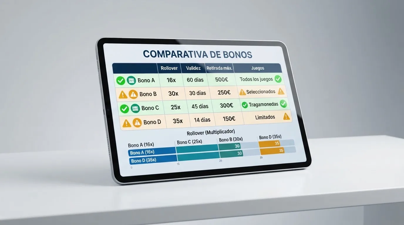 Una tabla comparativa con las condiciones de rollover, validez y retirada máxima de varios bonos sin depósito, con marcas de verificación junto a las cifras más favorables
