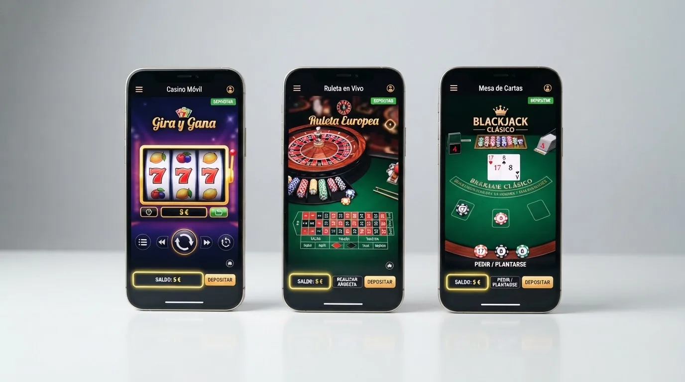 Varias pantallas de móvil alineadas mostrando distintas interfaces de casinos online con el importe de 5€ resaltado en cada una