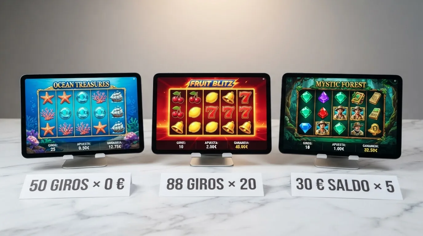Vista comparativa de las fichas de varios casinos online españoles con sus ofertas de giros gratis sin depósito
