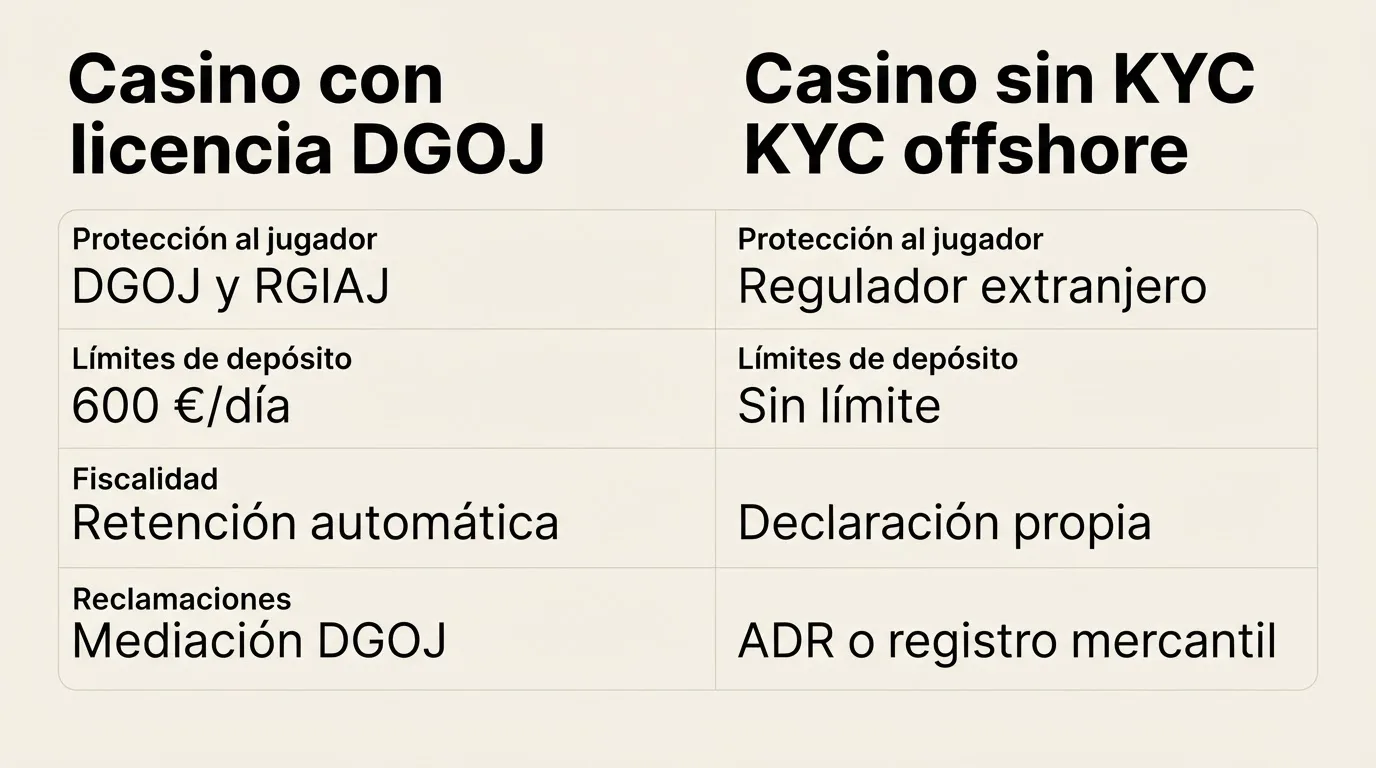 Tabla comparativa con dos columnas enfrentadas: casino con licencia DGOJ frente a casino sin KYC offshore, destacando diferencias en protección, límites y fiscalidad