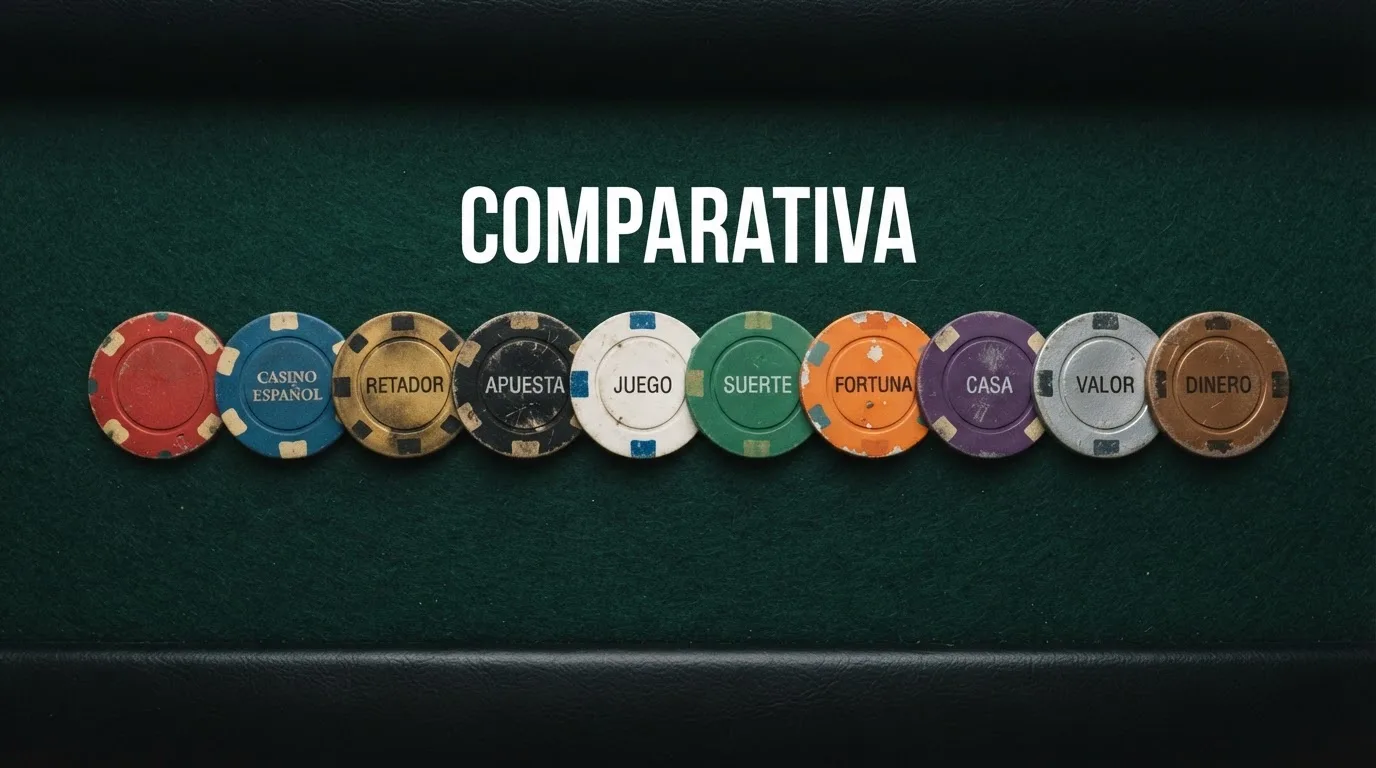 Vista cenital de varias fichas de casino alineadas sobre una mesa, cada una con el logotipo de un operador español distinto, formando una clasificación visual