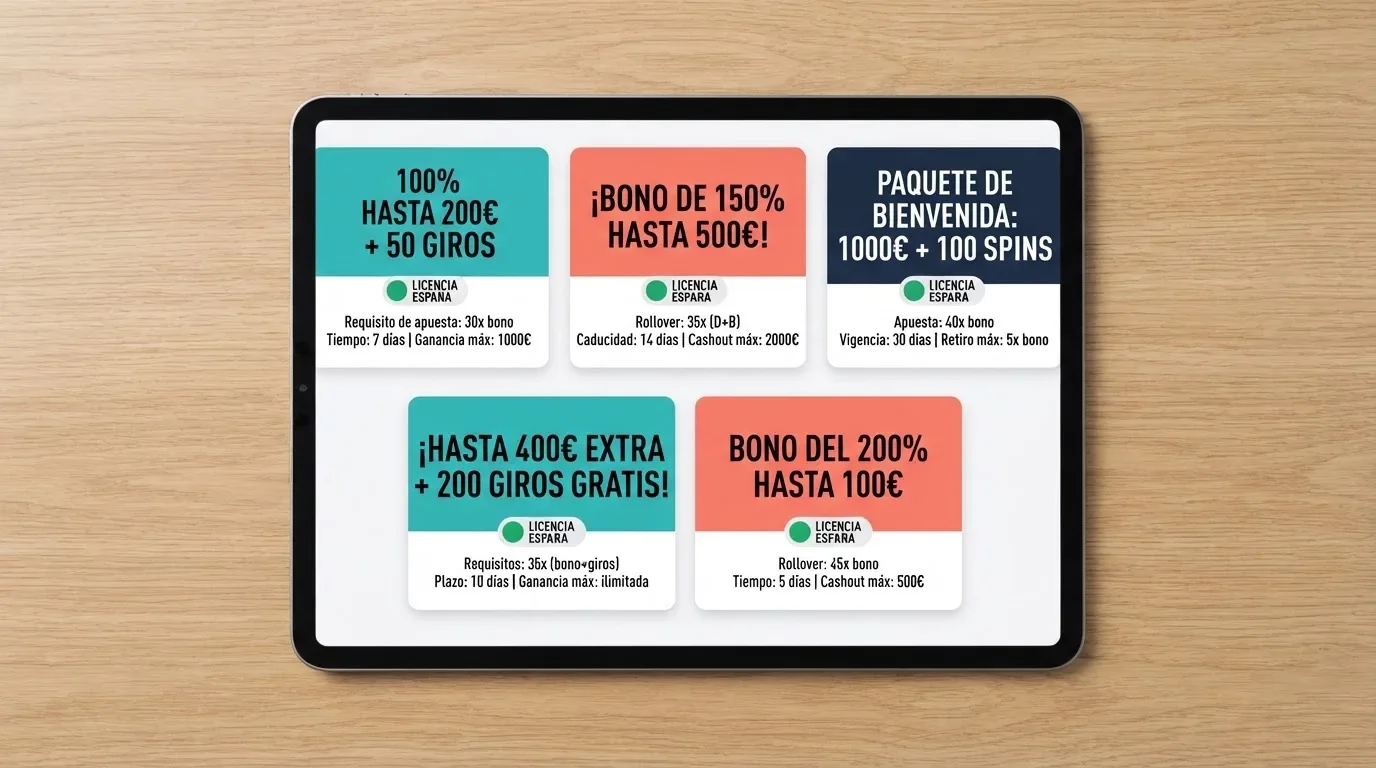 Vista comparativa de las fichas de varios casinos nuevos con sus respectivas ofertas de bienvenida, sellos de licencia y condiciones de bono destacadas en pantalla