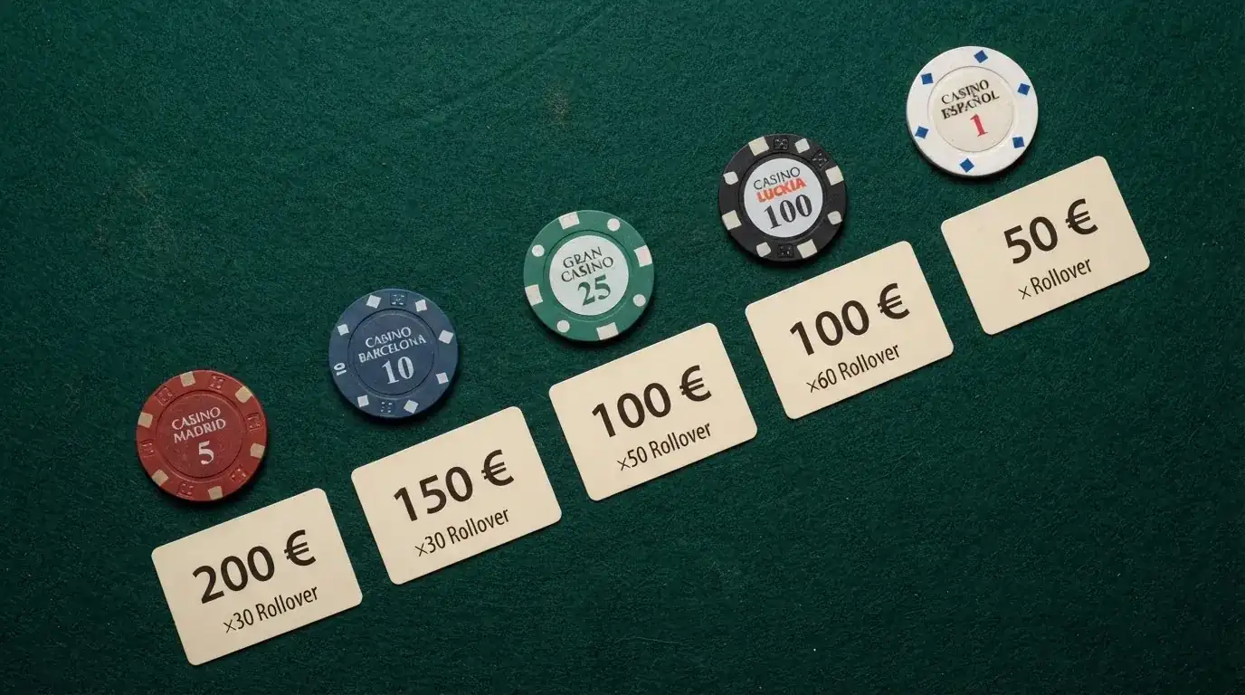 Vista comparativa de tarjetas o fichas de varios casinos online con licencia DGOJ, cada una con su bono de bienvenida y condiciones principales