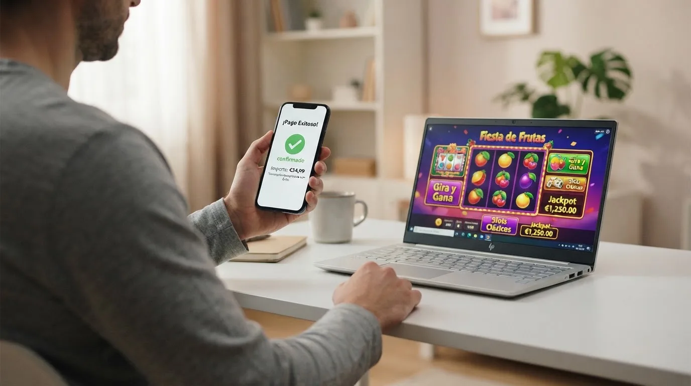 Una cuadrícula con los logotipos de diez casinos con dominio .es ordenados en dos filas, con iconos de Bizum, Apple Pay y PayPal bajo cada uno.