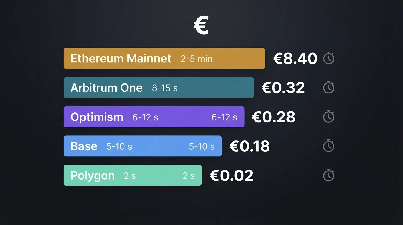 Diagrama comparativo de las cinco redes Ethereum con su coste por depósito y tiempo de confirmación