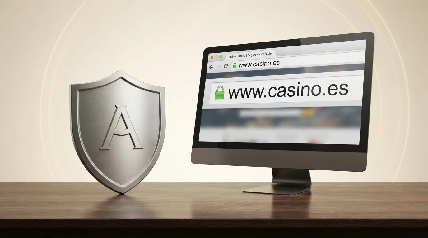 El logotipo oficial de la Dirección General de Ordenación del Juego junto a una pantalla que muestra el dominio .es de un casino autorizado y un candado de seguridad