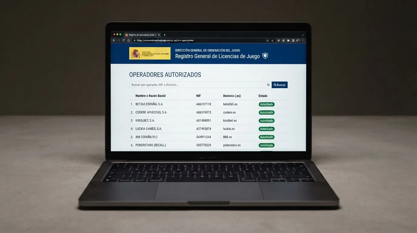 Pantalla del registro oficial de operadores de la DGOJ con el listado de dominios .es autorizados y el escudo de la Dirección General de Ordenación del Juego