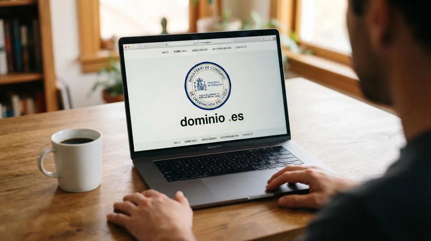 Sello oficial de la DGOJ junto a la URL ordenacionjuego.es en la pantalla de un ordenador, con el texto «dominio .es» resaltado sobre un fondo sobrio