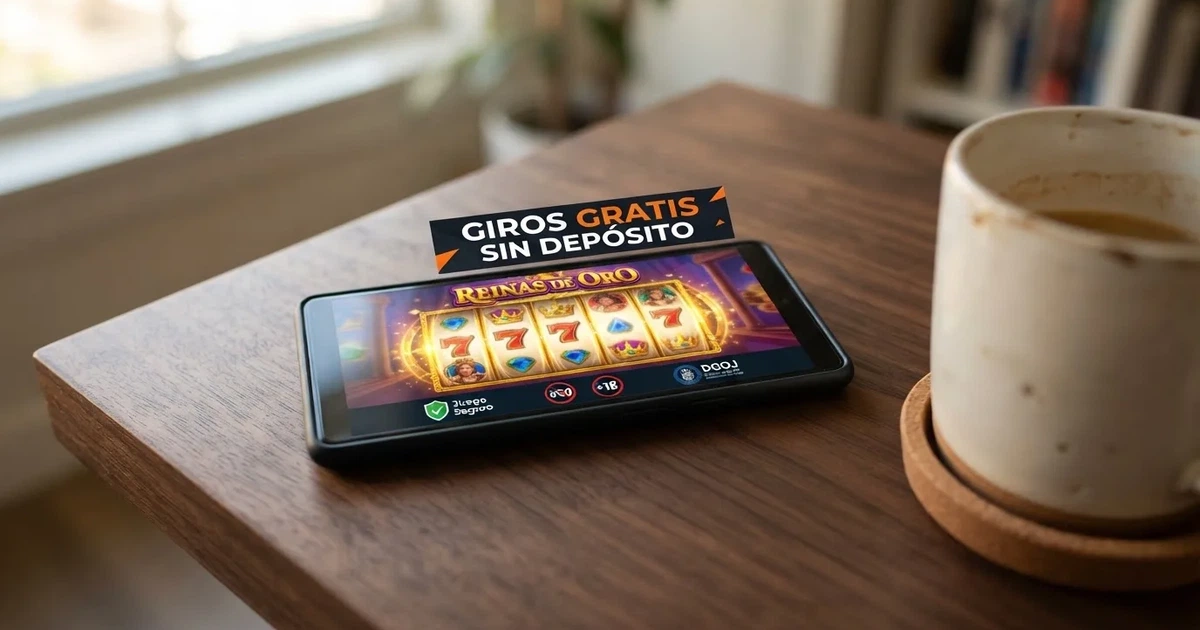 Pantalla de un casino online español con una promoción de giros gratis sin depósito junto a los sellos de Juego Seguro y DGOJ