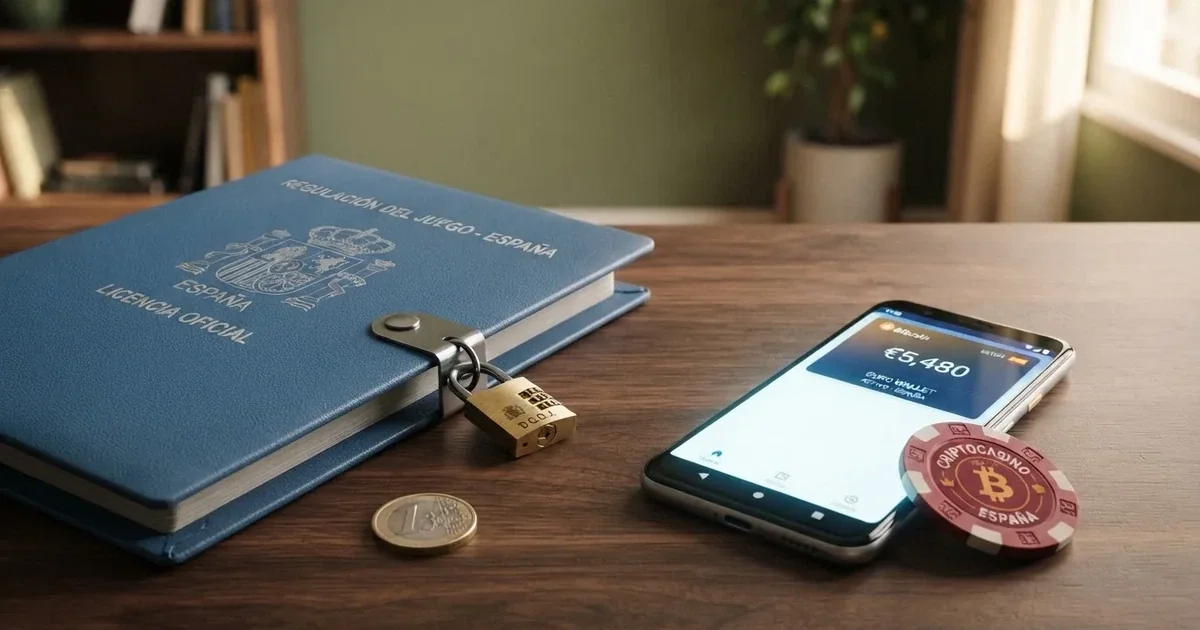 Pantalla dividida: a la izquierda, el logotipo de la DGOJ sobre un fondo institucional azul; a la derecha, un monedero digital mostrando un saldo en bitcoin junto al icono de un casino online