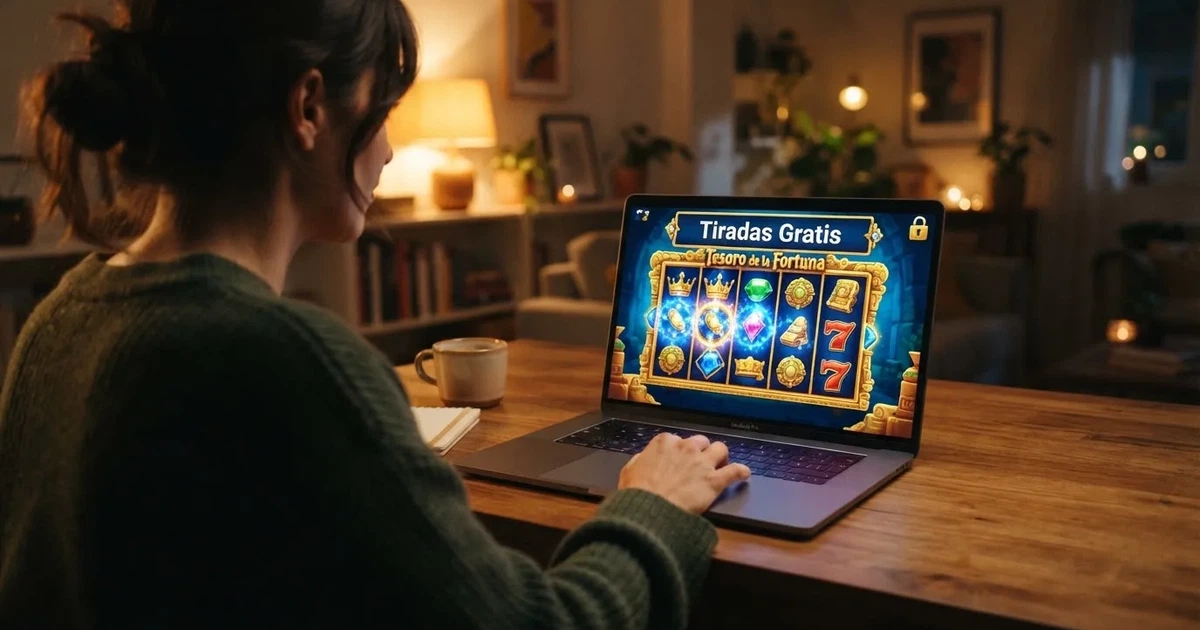 Pantalla de inicio de un casino online español con licencia DGOJ mostrando una promoción de tiradas gratis en una tragaperras colorida