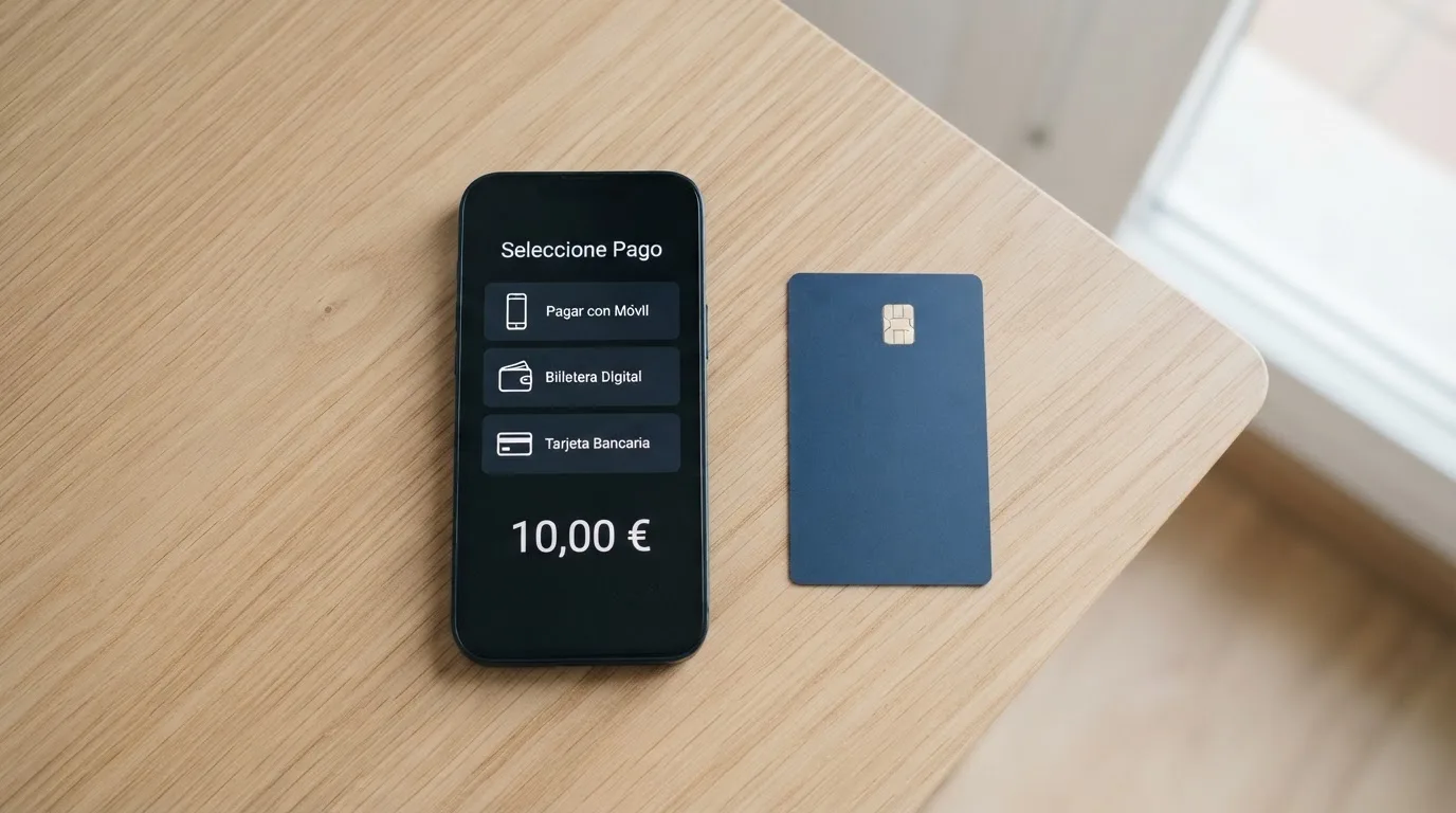 Pantalla de teléfono con las opciones de pago Bizum, PayPal y tarjeta bancaria para depositar 10 euros en un casino online español