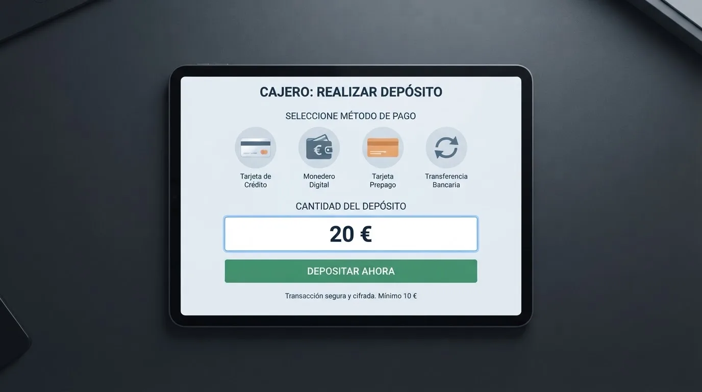 Pantalla de cajero de un casino online español mostrando los iconos de Bizum, PayPal, tarjeta bancaria y Paysafecard junto a un importe de 20 euros