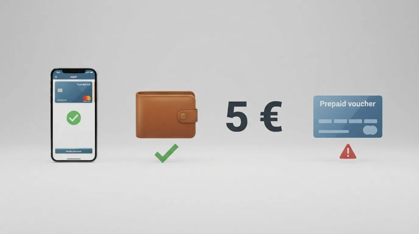 Pantalla dividida con los logos de Bizum, PayPal y Paysafecard junto al importe de 5€ y un icono de verificación o de advertencia según permitan retirada