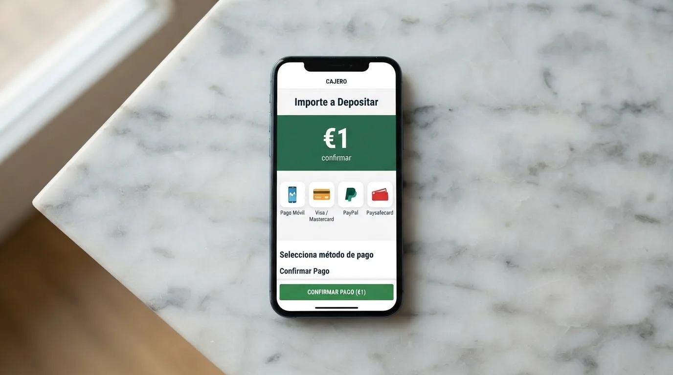 Pantalla de un móvil mostrando los iconos de Bizum, PayPal, Visa y Paysafecard en la sección de cajero de un casino