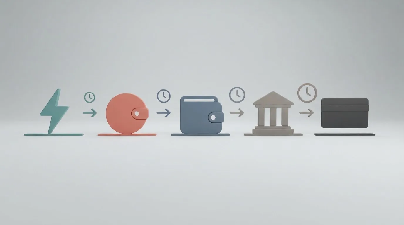 Iconos de métodos de pago — Bizum, PayPal, Skrill, transferencia bancaria y tarjeta Visa — ordenados de más rápido a más lento con un reloj junto a cada uno
