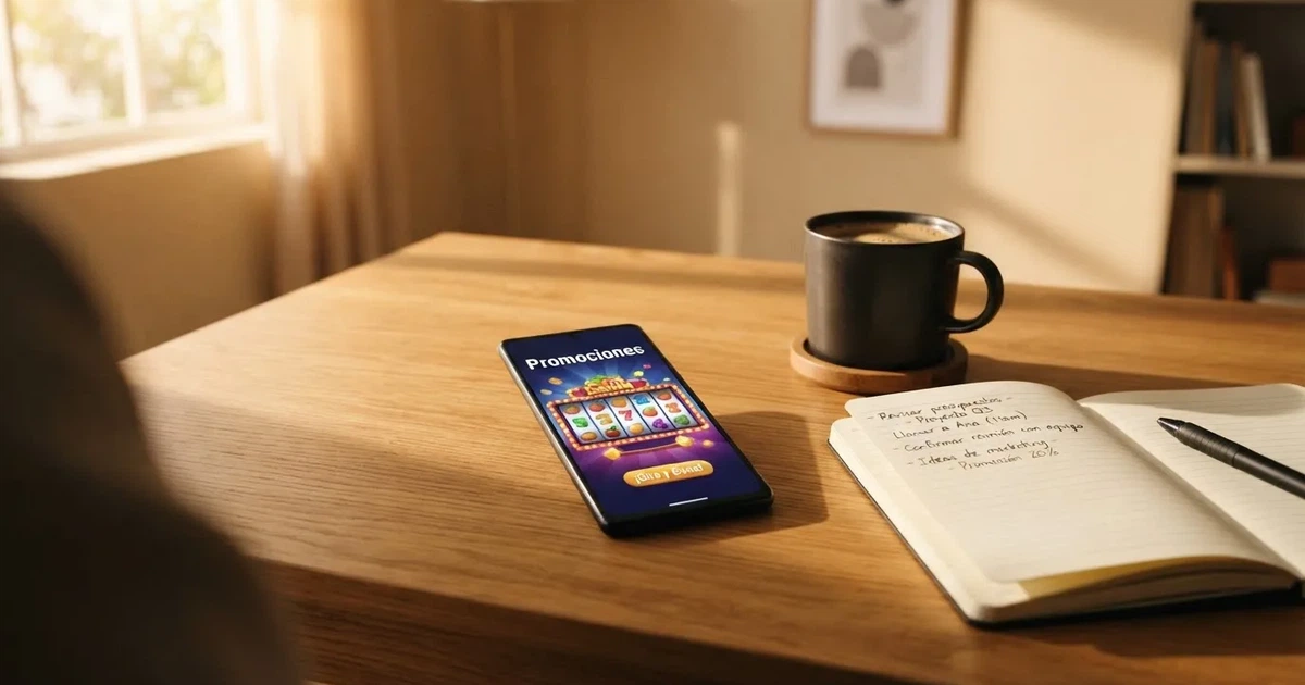 Escritorio con un teléfono mostrando la pantalla de promociones de un casino online español, junto a una taza de café y una libreta con anotaciones