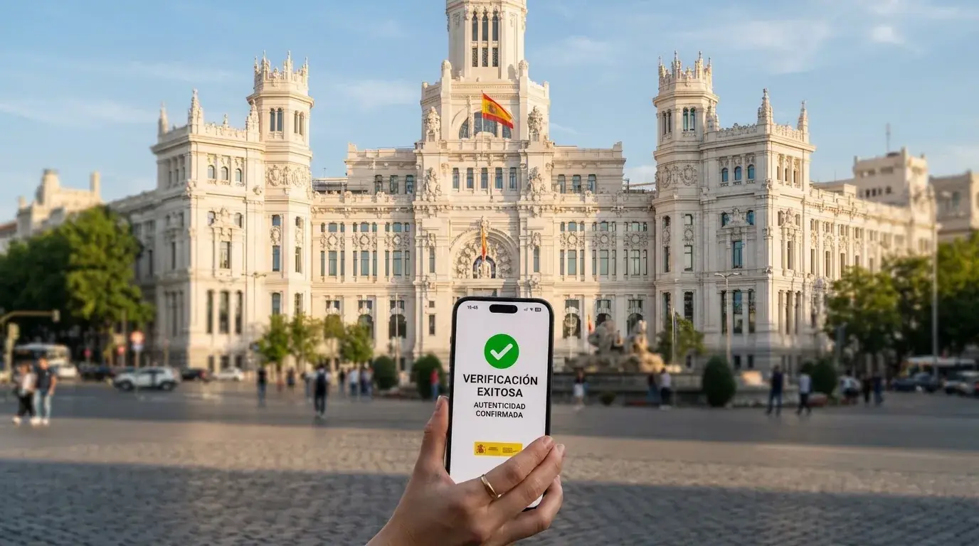 La fachada de un edificio institucional español con la bandera de España y la UE, superpuesta sobre una interfaz de verificación de licencia de casino