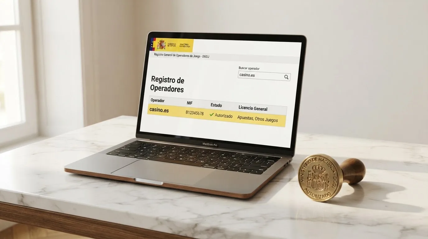 Sello oficial de la Dirección General de Ordenación del Juego junto al dominio .es de un operador autorizado, sobre la página de consulta del registro público de operadores