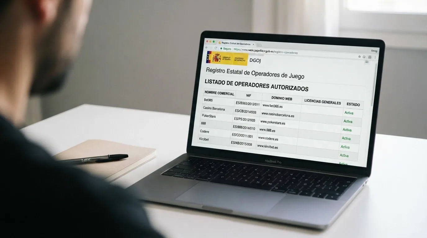 Captura del registro público de ordenacionjuego.es con el listado de operadores autorizados y sus dominios .es, junto al icono de candado de navegación segura