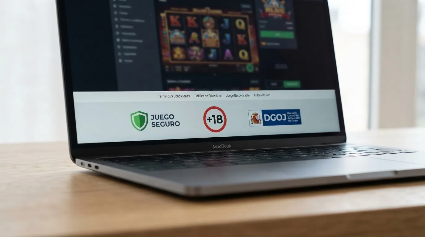 Primer plano de los sellos oficiales de Juego Seguro, +18 y DGOJ en el pie de un casino online con licencia española