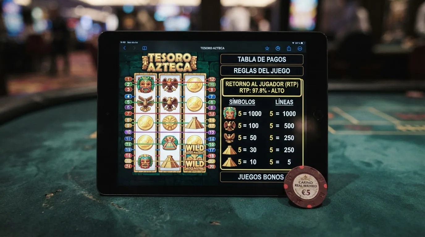Ficha técnica de una tragaperra de alto RTP abierta en un casino online español, con el porcentaje de retorno y la tabla de pagos visibles