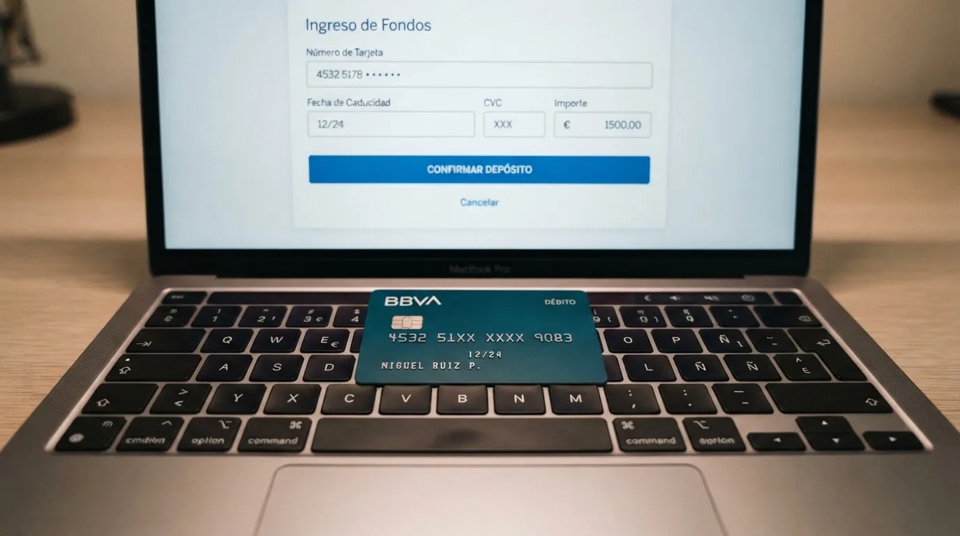 Primer plano de una tarjeta Revolut física sobre el teclado de un portátil con la pantalla mostrando el cajero de un casino online en español