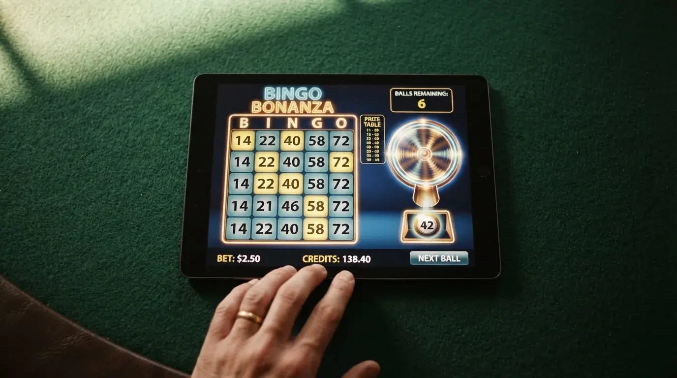 Interfaz de un juego de video bingo online con los números en pantalla y el contador de bolas restantes